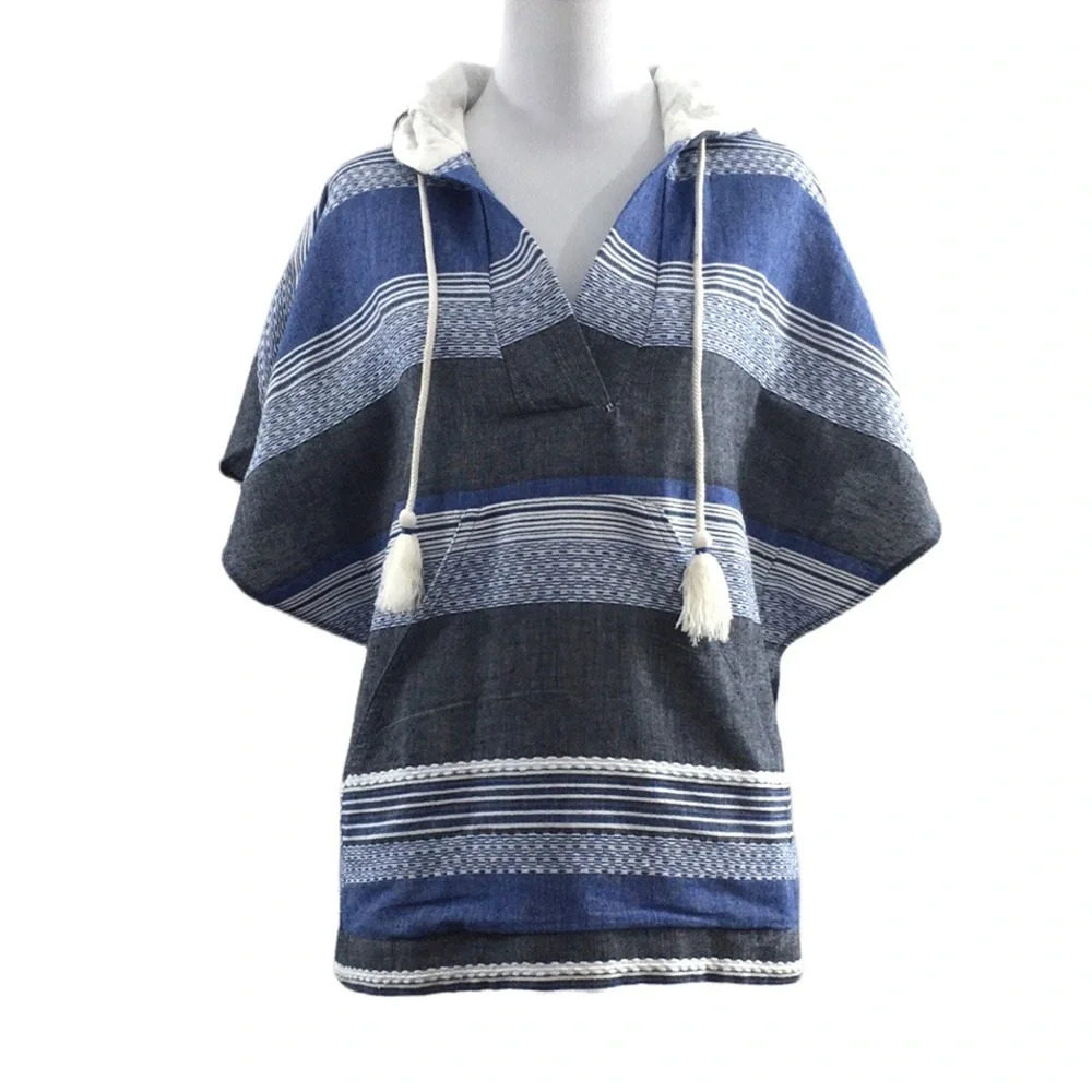 Stitch + Cloth Blue Gray Stripe Poncho Sweater Womens Small Cotton Tassel Hooded